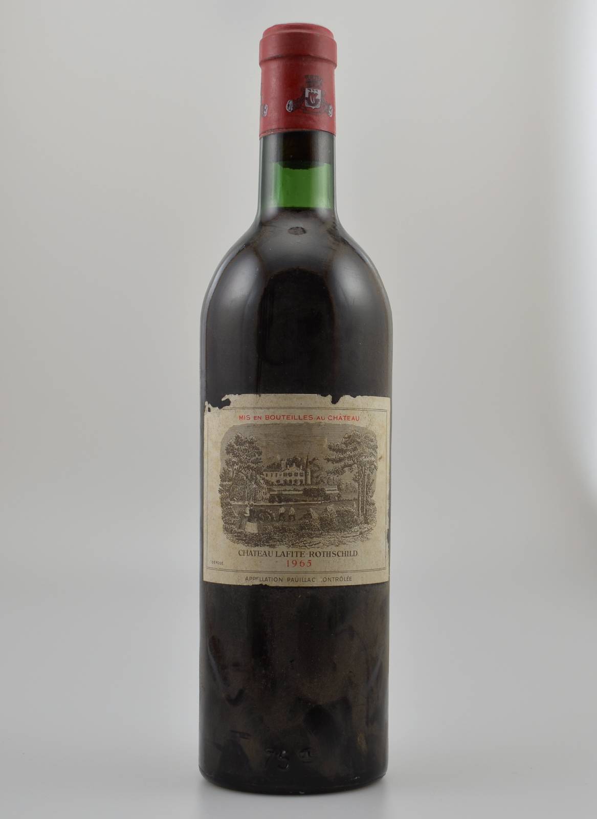 1 Flasche 1965 Chateau Lafite-Rothschild, Pauillac, Premier Grand Cru Classe, ca. 75 cl, Füllstand: ca. top shoulder, Etikett l. beschädigt, ...