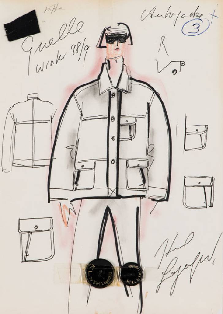 Karl Lagerfeld, geb. 1933 Hamburg, Modeskizze, Filzstift auf dünnem Papier, handsign., teils mit Notizen versehen, dat. Quelle 98/99, Stoffmuster ...