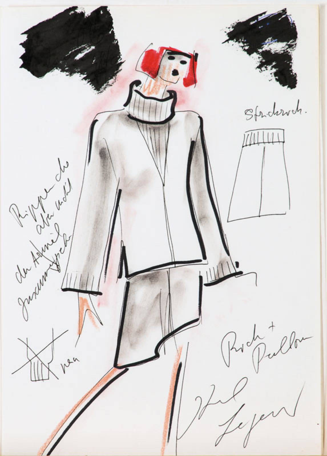 Karl Lagerfeld, geb. 1933 Hamburg, Modeskizze, Filzstift auf dünnem Papier, handsign., teols mit Notizen versehen Blattgr. 29,5x21 cm