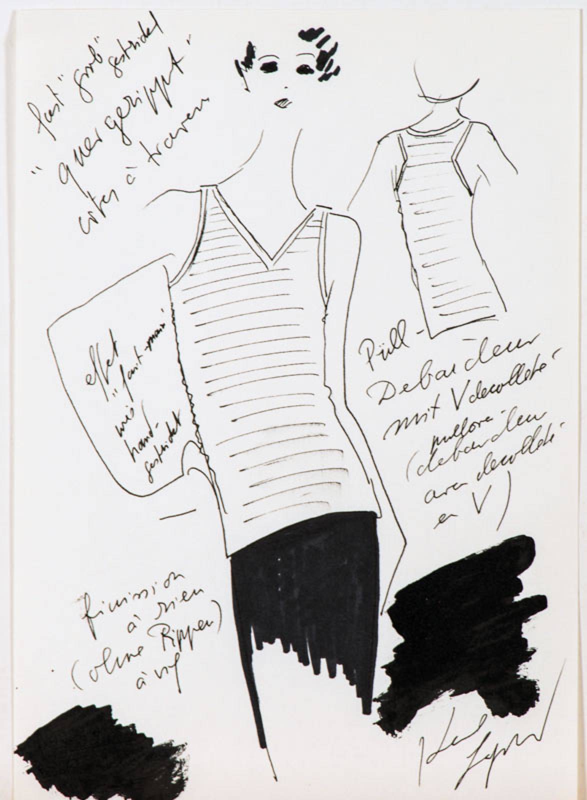 Karl Lagerfeld, geb. 1933 Hamburg, Modeskizze, Filzstift auf dünnem Papier, handsign., teils mit Notizen versehen, Blattgr. 29,5x21 cm