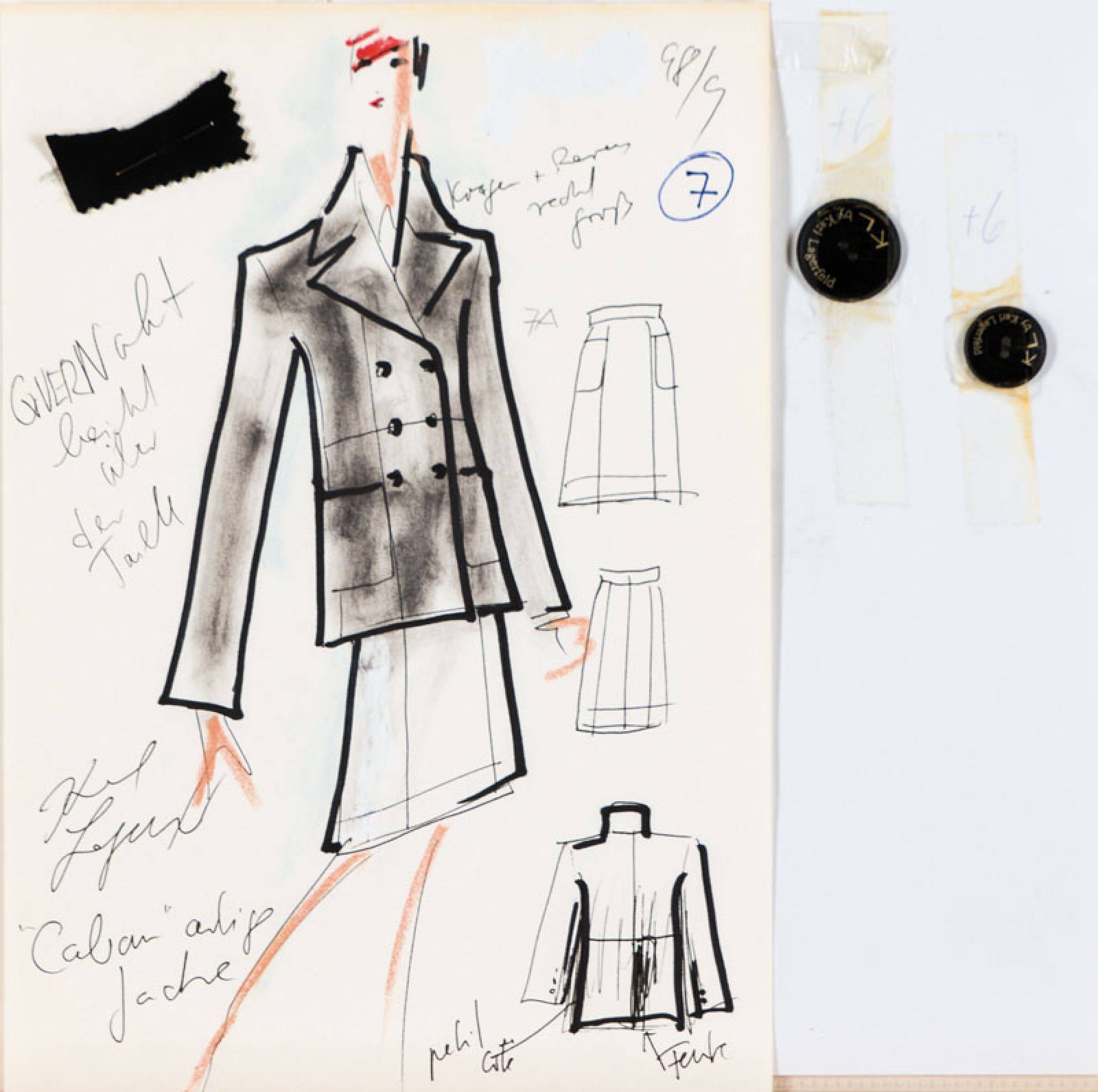 Karl Lagerfeld, geb. 1933 Hamburg, Modeskizze Caban-Jacke, Filzstift auf dünnem Papier, handsign., teils mit Notizen versehen,dat. 98/99, ...