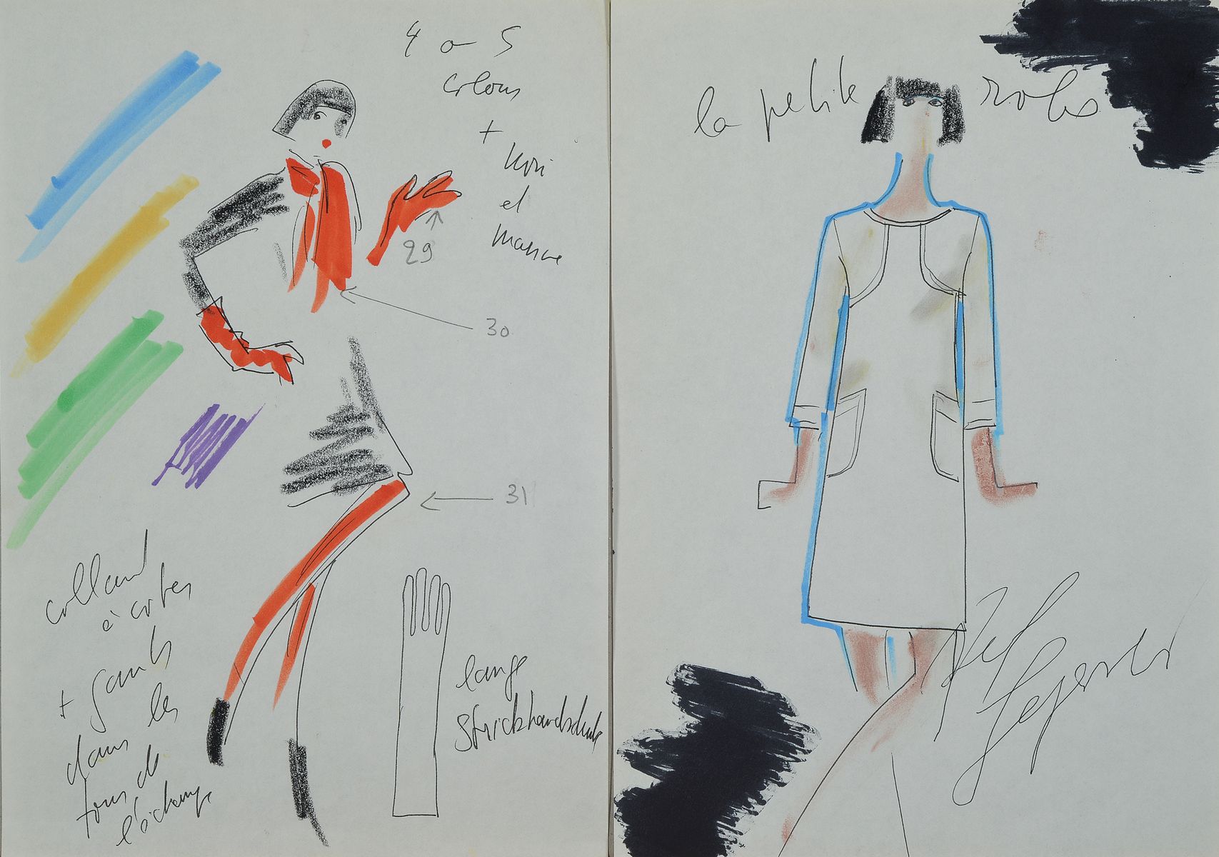 Karl Lagerfeld, geb. 1933 Hamburg, Konvolut aus 2 Modeskizzen, Filzstift auf dünnem Papier, eines handsign., teils mit Notizen versehen, eines dat. ...