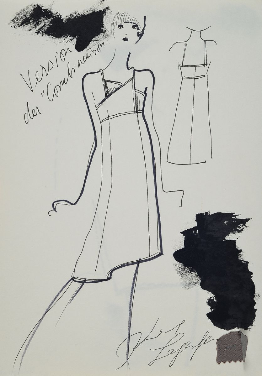 Karl Lagerfeld, geb. 1933 Hamburg, Konvolut aus 2 Modeskizzen, Filzstift auf dünnem Papier, eines handsign., teils mit Notizen versehen, ein ...