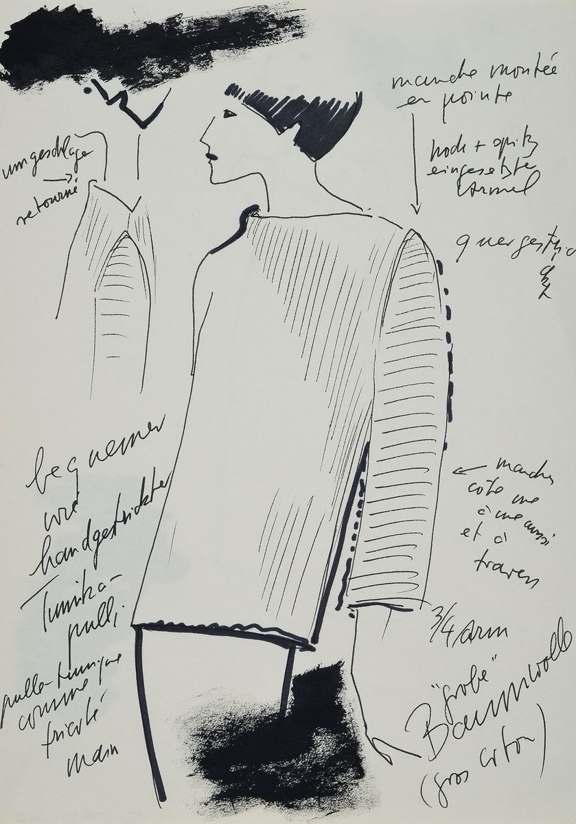 Detail c: Karl Lagerfeld, geb. 1933 Hamburg, Konvolut aus 2 Modeskizzen, Filzstift auf dünnem Papier, eines handsign., teils mit Notizen versehen, ein ...