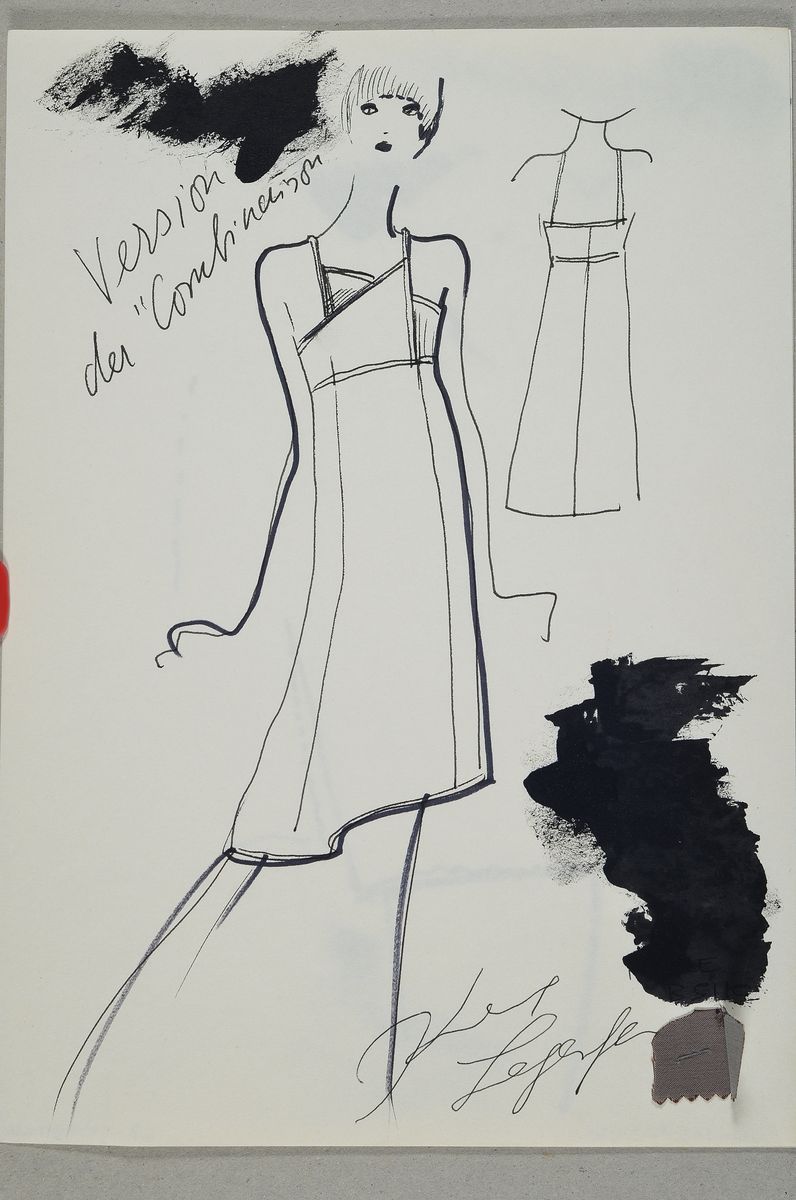 Detail k: Karl Lagerfeld, geb. 1933 Hamburg, Konvolut aus 2 Modeskizzen, Filzstift auf dünnem Papier, eines handsign., teils mit Notizen versehen, ein ...