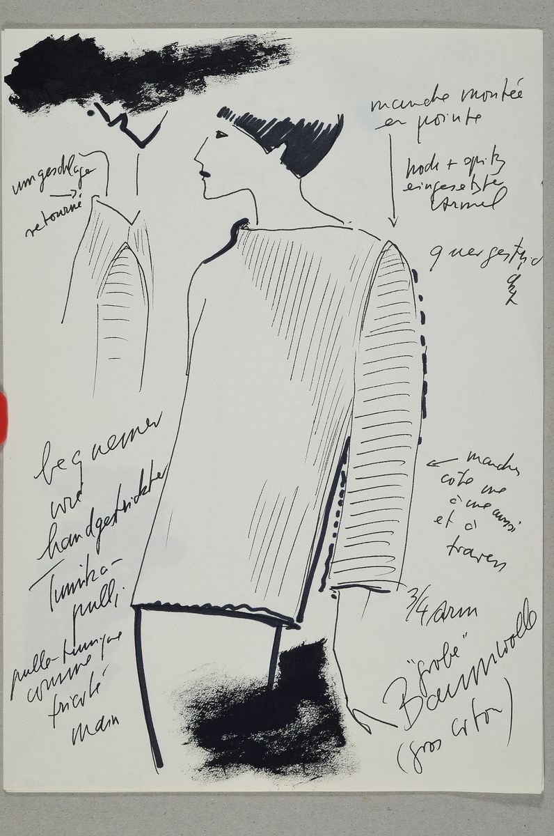 Detail n: Karl Lagerfeld, geb. 1933 Hamburg, Konvolut aus 2 Modeskizzen, Filzstift auf dünnem Papier, eines handsign., teils mit Notizen versehen, ein ...