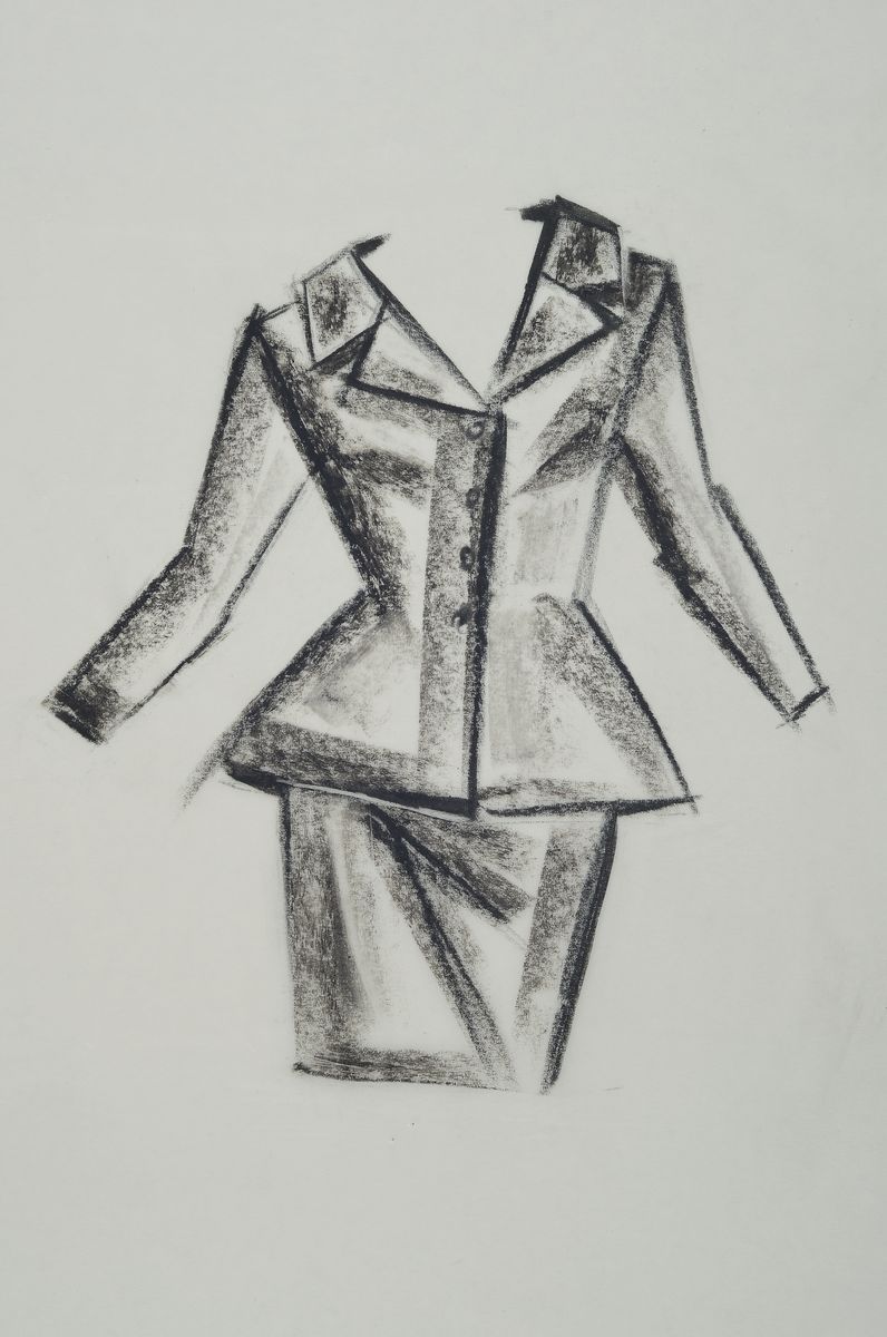 Detail k: Karl Lagerfeld, geb. 1933 Hamburg, X-Linie, Kohle-Zeichnung auf dünnem Papier, angebracht auf dickerem Blatt, unsign., Blattgr. 48x33 cm, gesamt ...