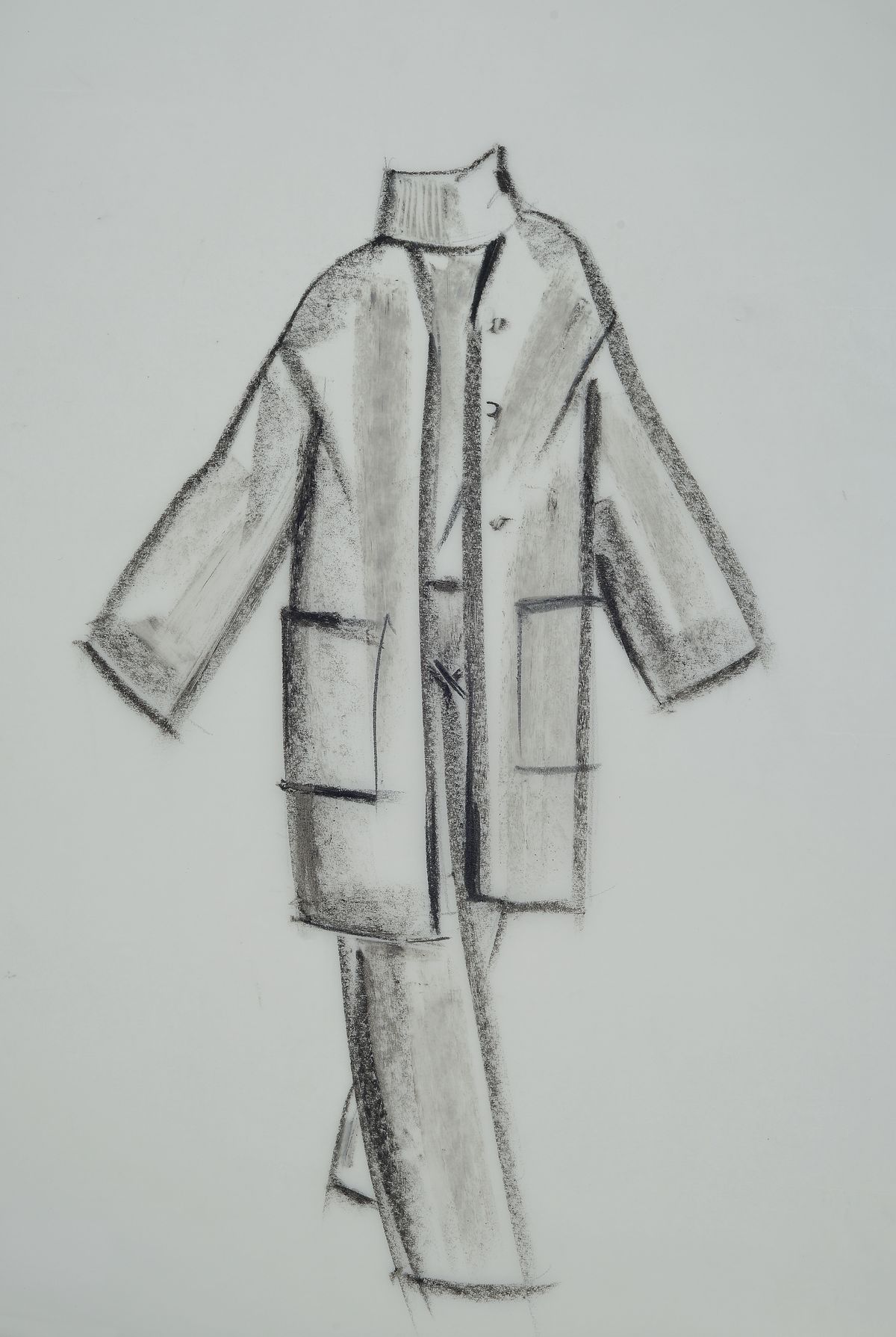 Karl Lagerfeld, geb. 1933 Hamburg, H-Linie Mantel, Kohle-Zeichnung auf dünnem Papier, angebracht auf dickerem Blatt, unsign., Blattgr. 48x33 cm, ...