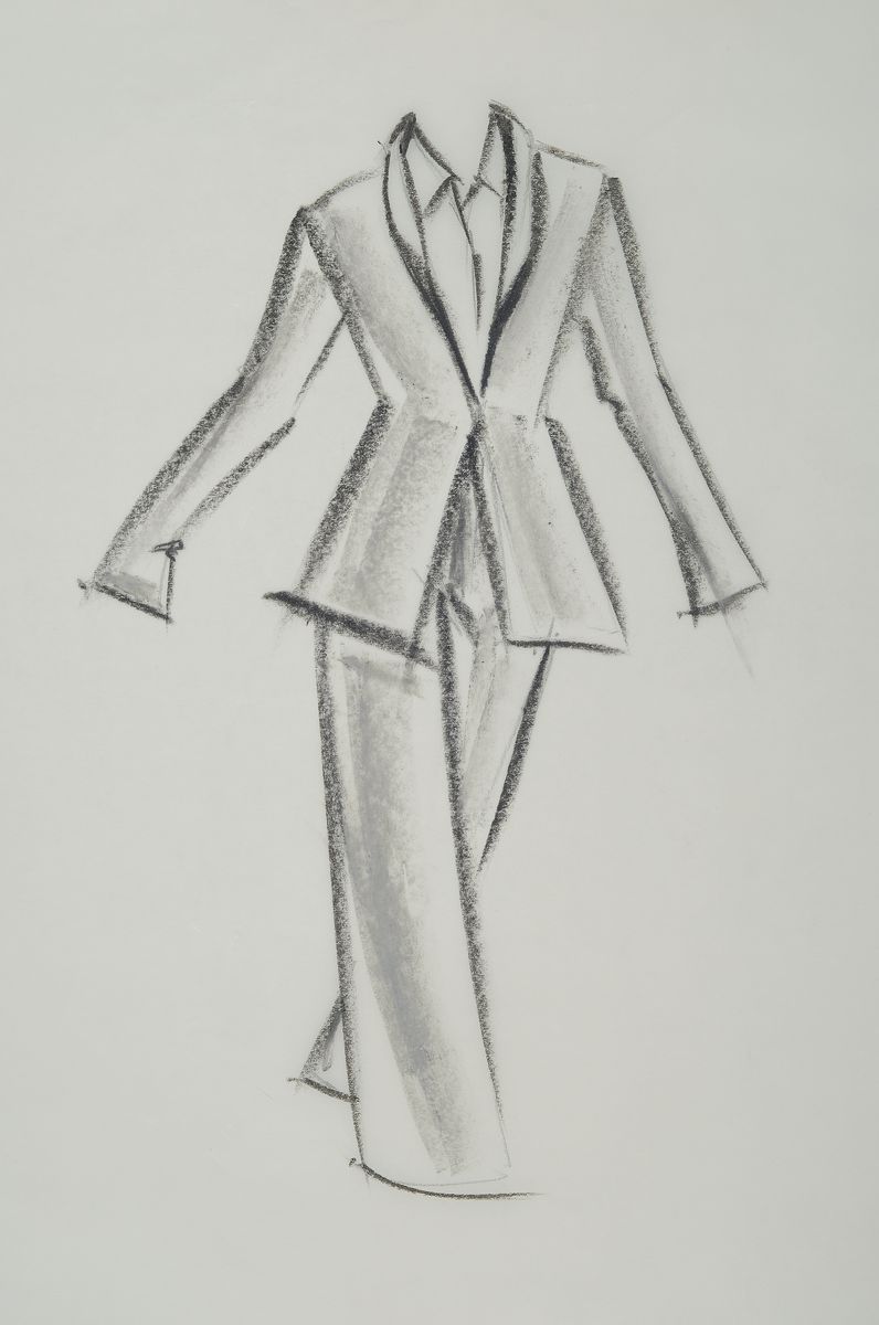Detail k: Karl Lagerfeld, geb. 1933 Hamburg, X-Linie, Kohle-Zeichnung auf dünnem Papier, angebracht auf dickerem Blatt, unsign., Blattgr. 48x33 cm, gesamt ...