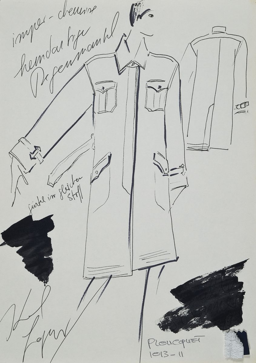 Karl Lagerfeld, geb. 1933 Hamburg, Set aus einer Modezeichnung Regenmantel mit Stoffprobehandsigniert und drei Polaroid Fotos für den ...