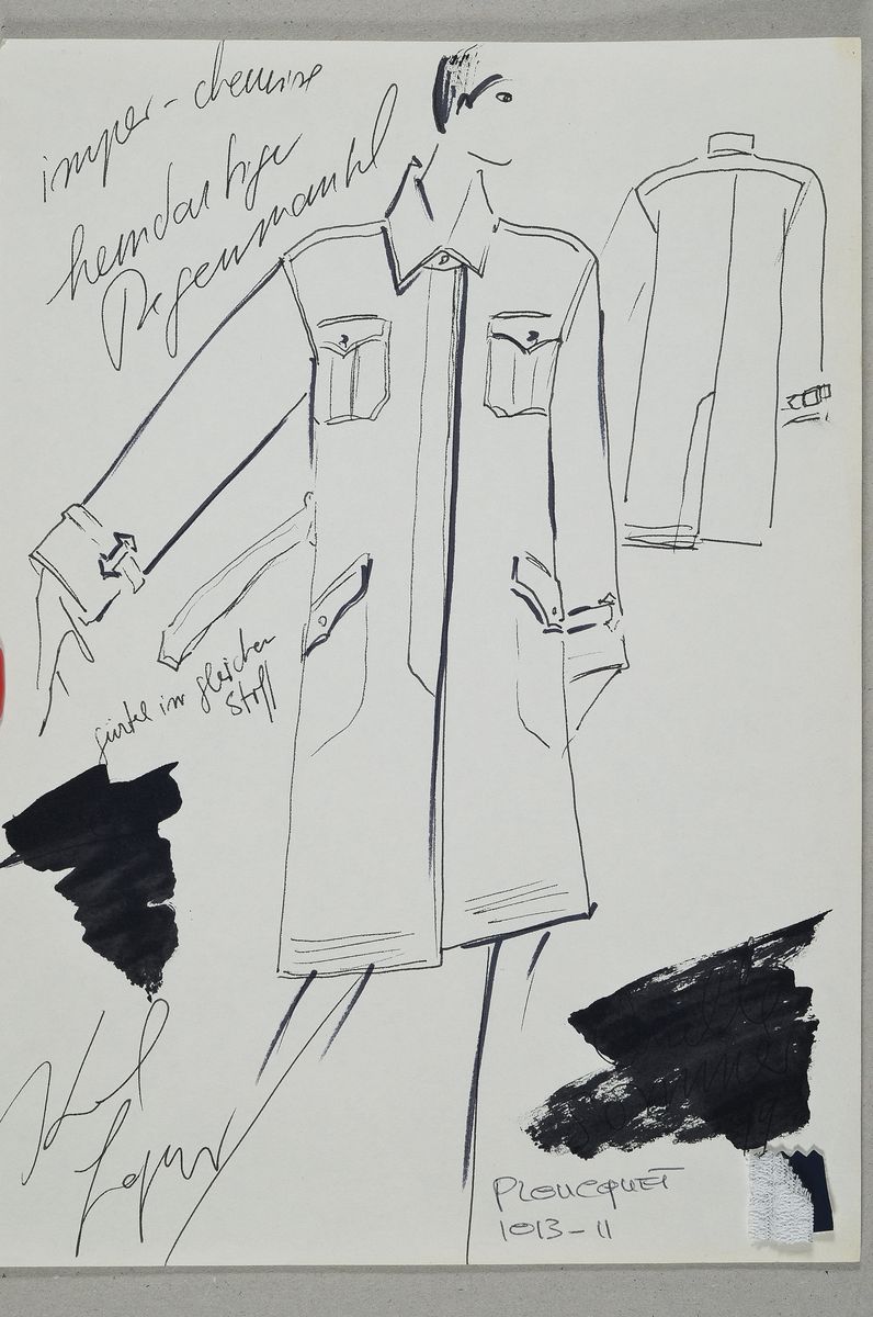 Detail k: Karl Lagerfeld, geb. 1933 Hamburg, Set aus einer Modezeichnung Regenmantel mit Stoffprobehandsigniert und drei Polaroid Fotos für den ...
