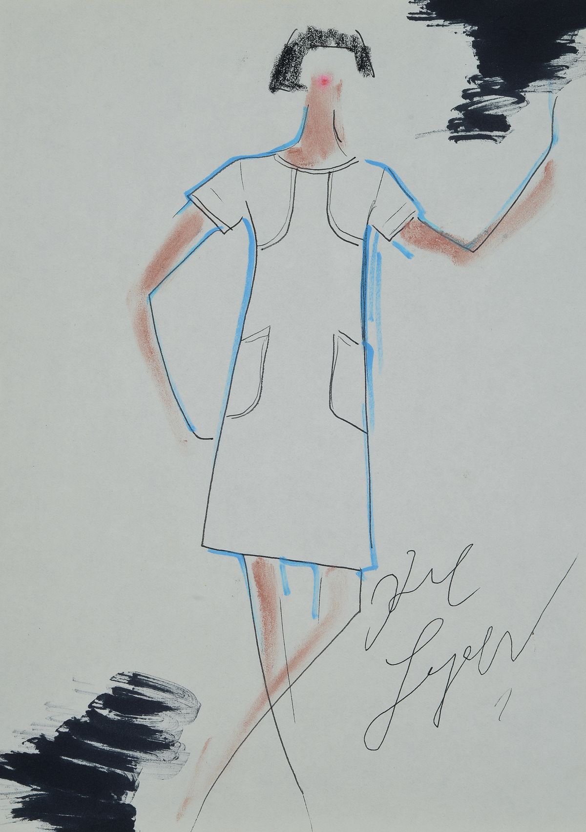 Karl Lagerfeld, geb. 1933 Hamburg, Modezeichnung, Kleid, handsigniert, ca.29.5 x 21 cm und drei Polaroidfotos, für den Verkaufskatalog Quelle, ...