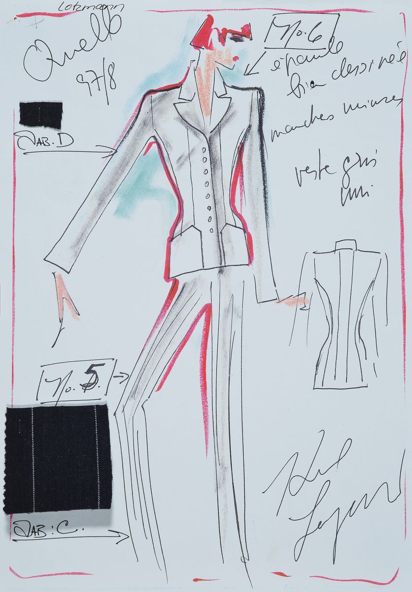 Karl Lagerfeld, 1933-2019, Mappe mit diversen Zeichnungen und Unterlagen zur Zusammenarbeit von Karl Lagerfeld und Quelle: 4 Polaroid-Fotos und 19 ...