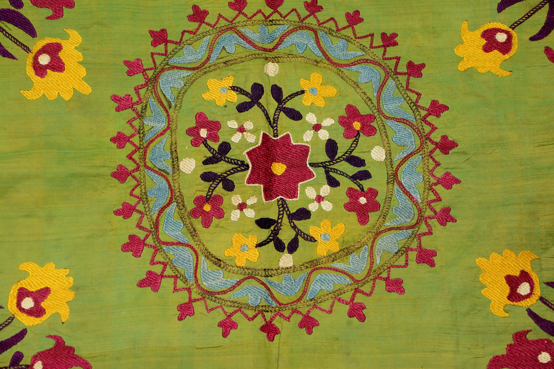 Detail b: Grüne Lakai "Seiden-Susani" antik (Stickerei), Usbekistan, Ende 19.Jhd., Seidenstickerei auf grünen Seiden-Ikat, ca. 64 x 47 cm, EHZ: 2-3.