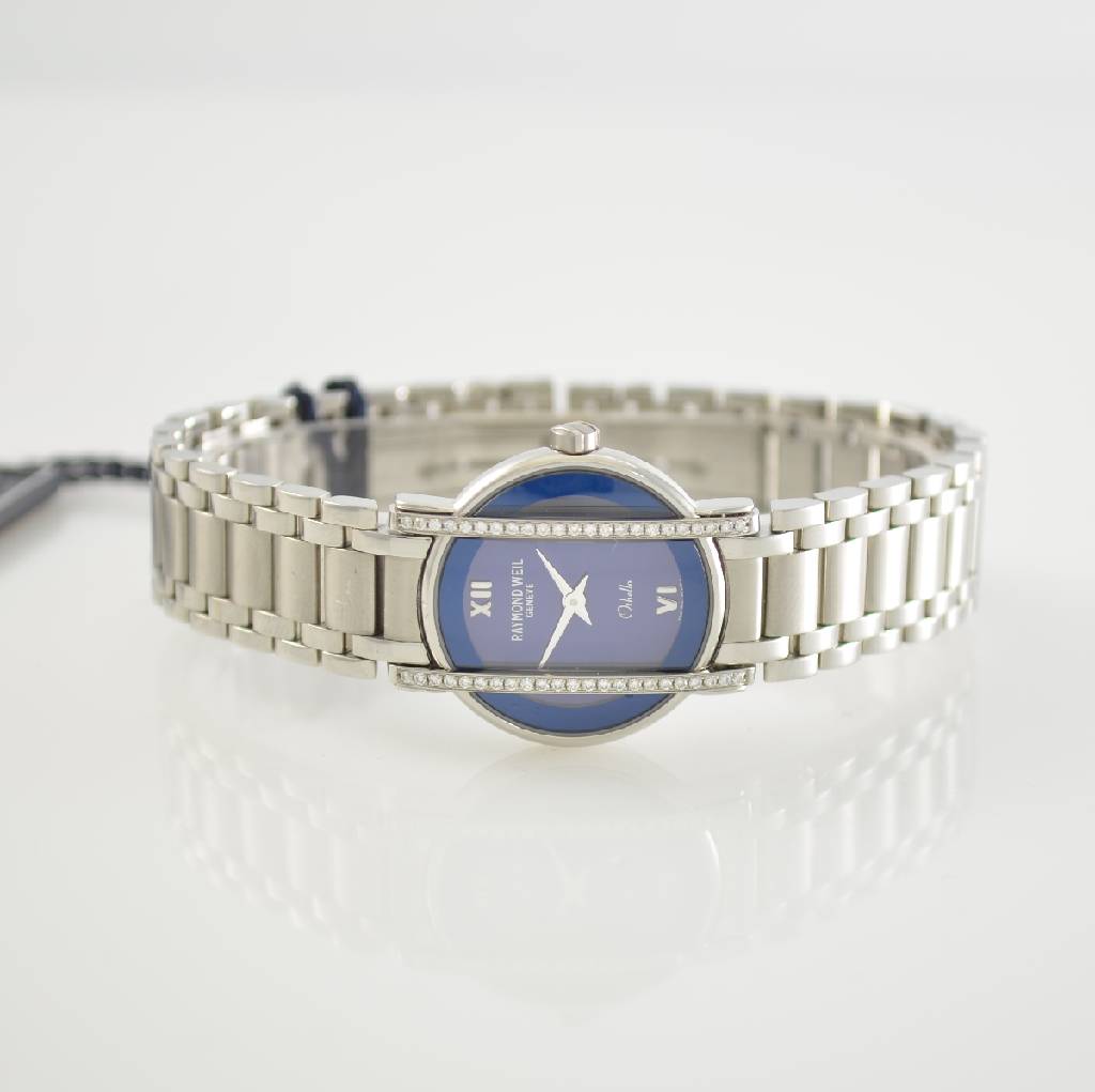RAYMOND WEIL Damenarmbanduhr Othello, Schweiz um 2008, quarz, Edelstahlgeh. inkl. Gliederband m. dopp. Faltschließe, aufw. m. Diamanten besetzt, D. ...