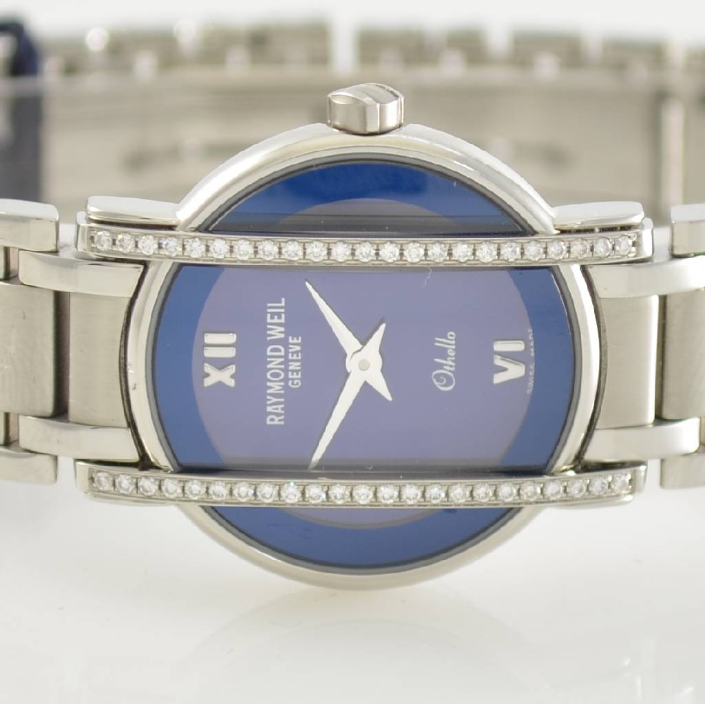 Detail a: RAYMOND WEIL Damenarmbanduhr Othello, Schweiz um 2008, quarz, Edelstahlgeh. inkl. Gliederband m. dopp. Faltschließe, aufw. m. Diamanten besetzt, D. ...