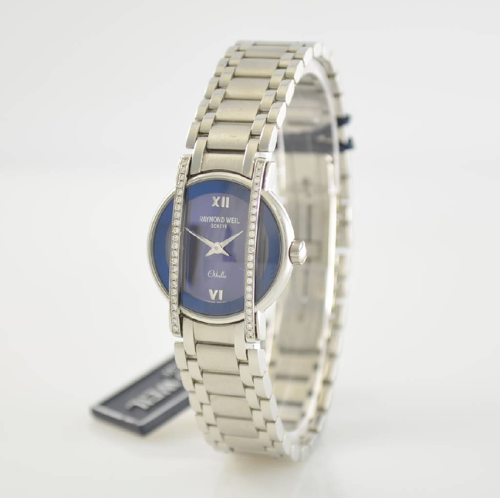 Detail b: RAYMOND WEIL Damenarmbanduhr Othello, Schweiz um 2008, quarz, Edelstahlgeh. inkl. Gliederband m. dopp. Faltschließe, aufw. m. Diamanten besetzt, D. ...