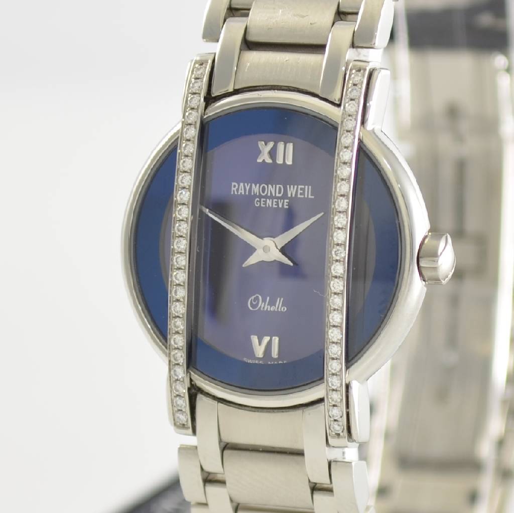 Detail c: RAYMOND WEIL Damenarmbanduhr Othello, Schweiz um 2008, quarz, Edelstahlgeh. inkl. Gliederband m. dopp. Faltschließe, aufw. m. Diamanten besetzt, D. ...