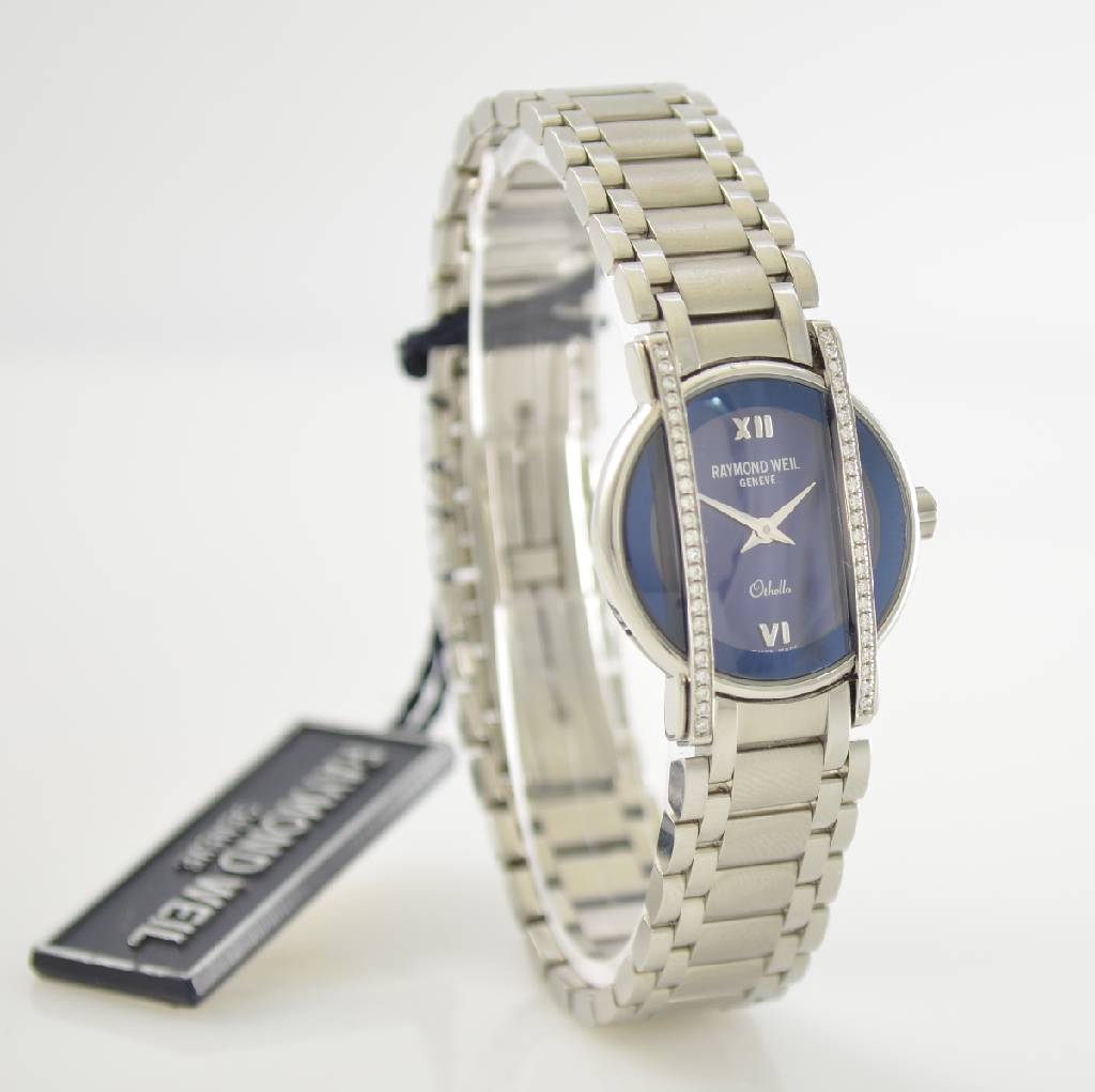 Detail d: RAYMOND WEIL Damenarmbanduhr Othello, Schweiz um 2008, quarz, Edelstahlgeh. inkl. Gliederband m. dopp. Faltschließe, aufw. m. Diamanten besetzt, D. ...