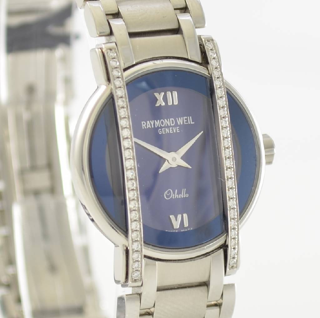 Detail e: RAYMOND WEIL Damenarmbanduhr Othello, Schweiz um 2008, quarz, Edelstahlgeh. inkl. Gliederband m. dopp. Faltschließe, aufw. m. Diamanten besetzt, D. ...