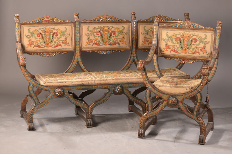 Sitzgarnitur im Neu-Renaissance-Stil, nach Art der Scherenstühle, deutsch, um 1880, Buchemassiv, bestehend aus 3-Sitzer-Bank u. 2 Scherenstühlen, ...
