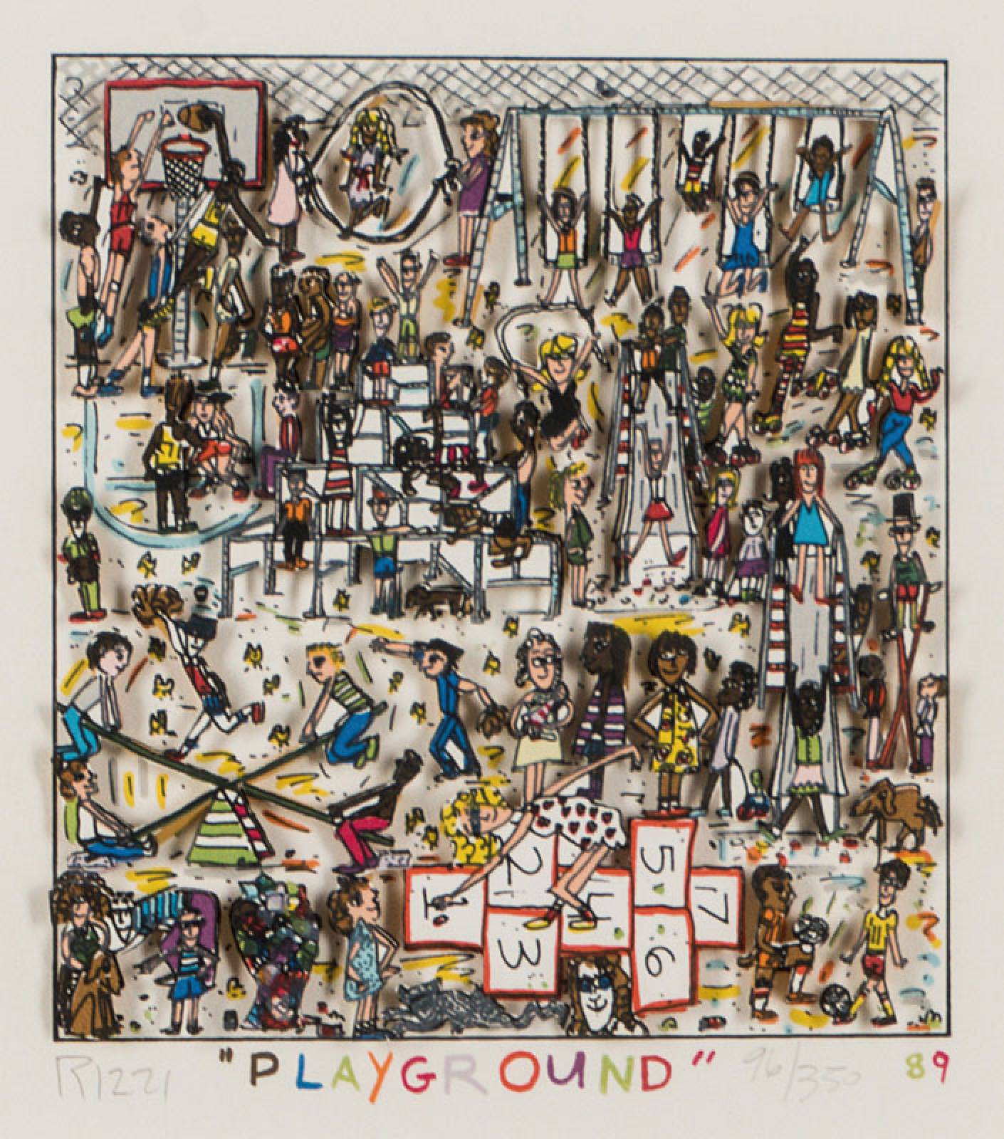 James Rizzi, 1950-2011, Playground, 3D- Lithografie, handsign., num. 96/350, dat. (19)89, Motiv 15x13,5 cm, unter Glas gerahmt, gesamt 36,5x39,5 cm, ...