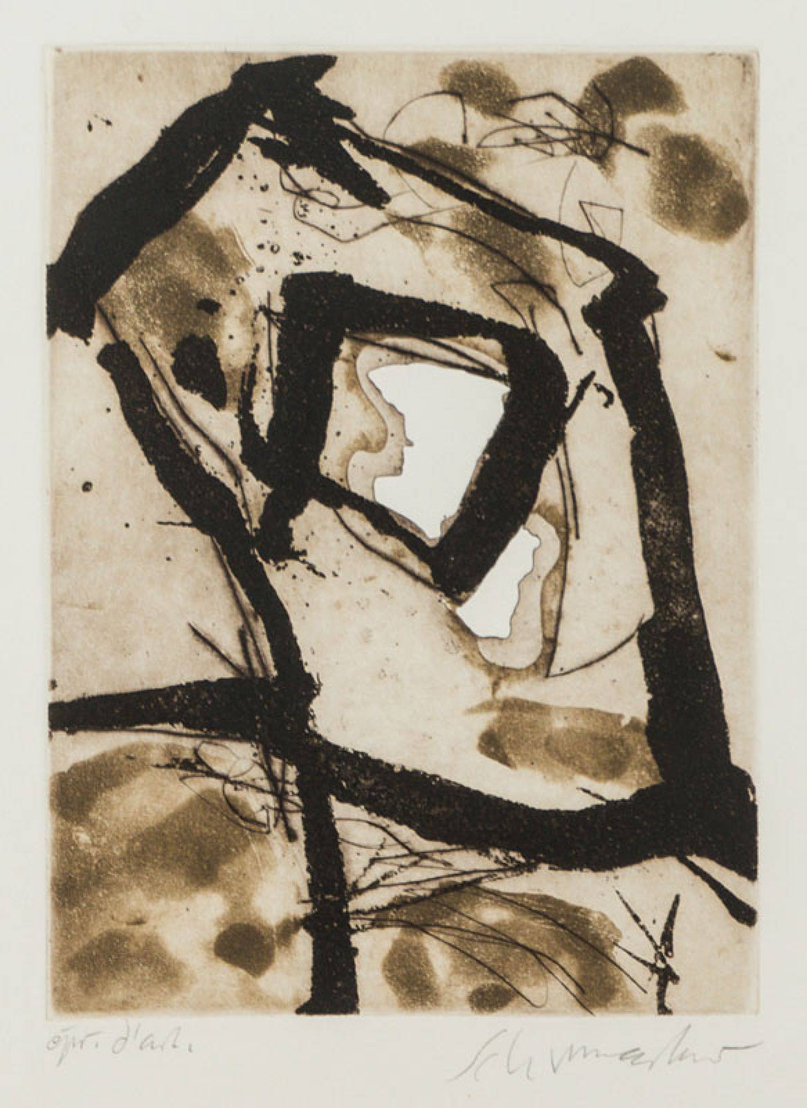 Emil Schumacher, 1912-1999, Aquatintaradierung, handsign., bezeichnet épreuve d´artiste, Platte 22x16,2 cm, Blattgr. 39x30 cm, unter Glas gerahmt, ...