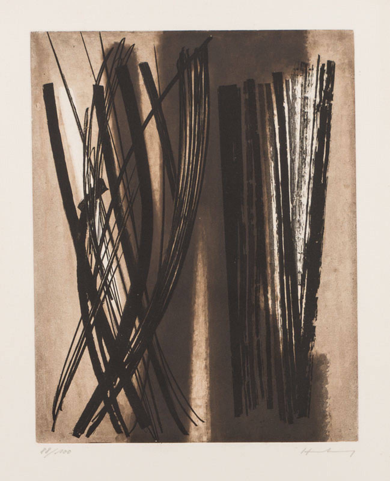 Hans Hartung, 1904-1989, "6", 1953, Radierung auf Arches Bütten, handsign., num. 88/100, Hrsg. La Courière Paris, Platte 41x32,5 cm, ...