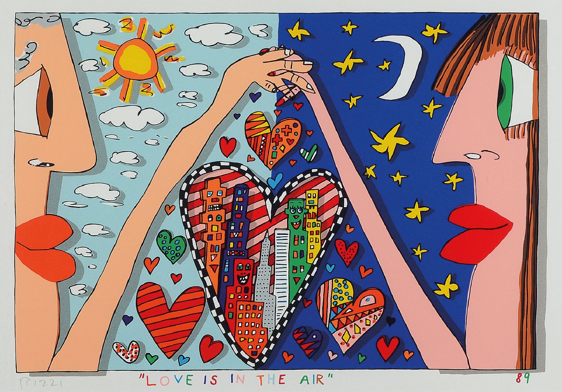 James Rizzi, 1950-2011, Love is in the air, Farblithografie, handsign., betitelt, dat. 89, Motiv 29,5x43,5 cm, unter Glas gerahmt, gesamt 54,5x67,5 ...