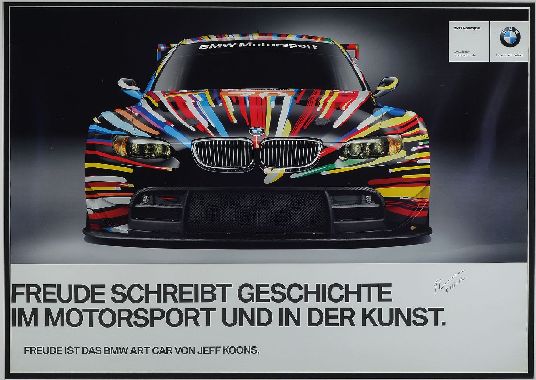 Jeff Koons, geb. 1955, BMW M3 GT2 Art Car, Offset, handsign., dat. 6.9.(20)12, PP- Ausschnitt 58x83 cm, unter Glas gerahmt, gesamt 82x106 cm, inkl. ...