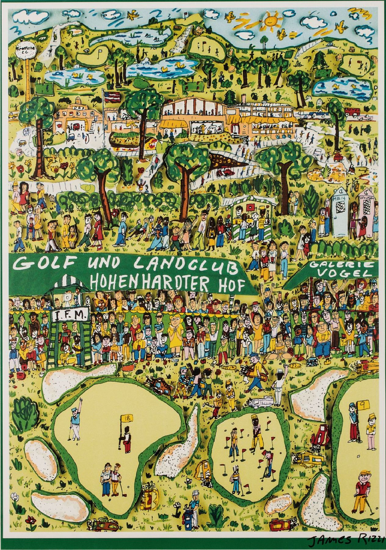 James Rizzi, 1950-2011, Golf und Landclub Hohenhardter Hof, Offset, sign., Motiv 69,5x49,5 cm, unter Glas gerahmt, gesamt 88x65,5 cm