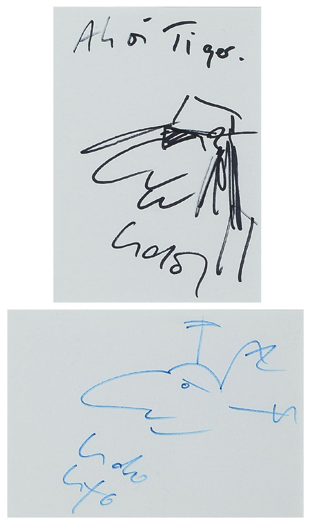 Udo Lindenberg, geb. 1946, Ahoi Tiger, 2 Filzstift-Zeichnungen, je 14,5x10 cm, im Arrangement unter Glas gerahmt, gesamt 54,5x40 cm