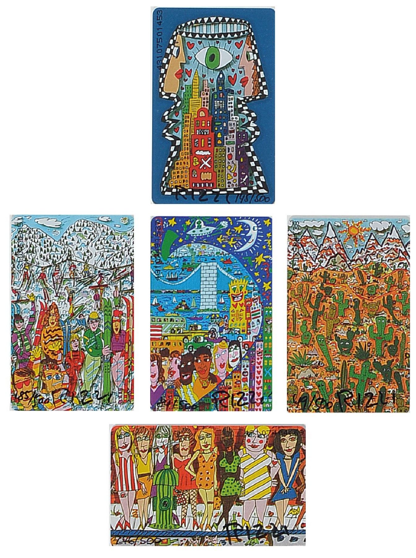 James Rizzi, 1950-2011, 5 Telefonkarten, je handsign., je num., Auflage 500, je Karte 8,5x5,5 cm, im Arrangement unter Glas gerahmt,gesamt 67x57 cm