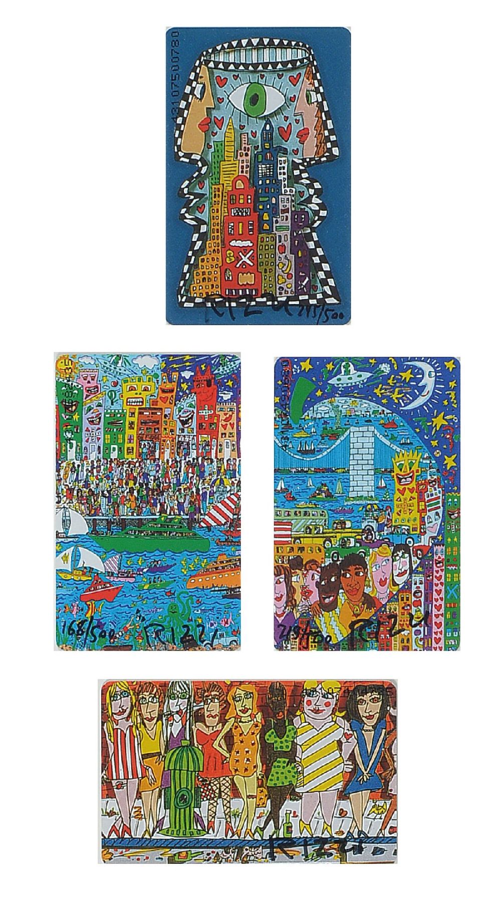 James Rizzi, 1950-2011, 4 Telefonkarten, je handsign., 3 davon num., Auflage 500, je Karte 8,5x5,5 cm, im Arrangement unter Glas gerahmt, gesamt ...