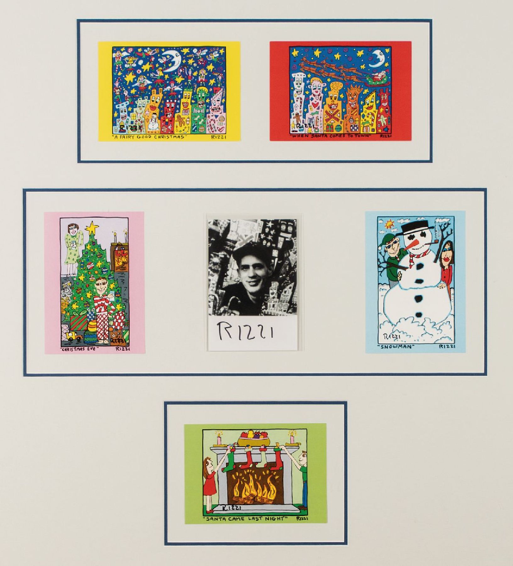 James Rizzi, 1950-2011, 6 Postkarten, je handsign., je 16x11 cm, im Arrangement unter Glas gerahmt, gesamt 81x74 cm
