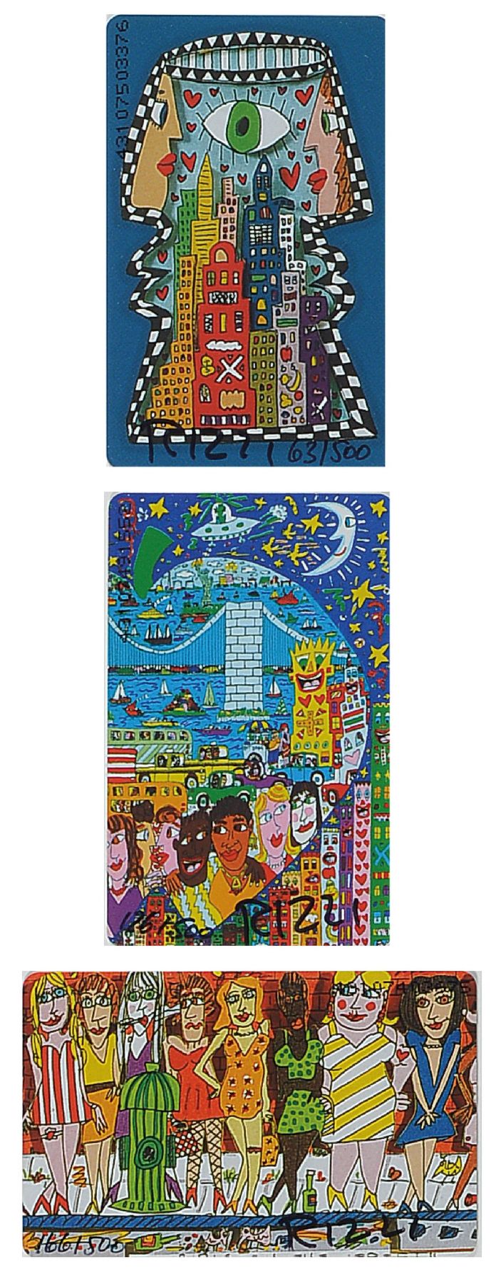 James Rizzi, 1950-2011, 3 Telefonkarten, je handsign., je num., Auflage 500, je Karte 8,5x5,5 cm, im Arrangement unter Glas gerahmt,gesamt 62x42 cm