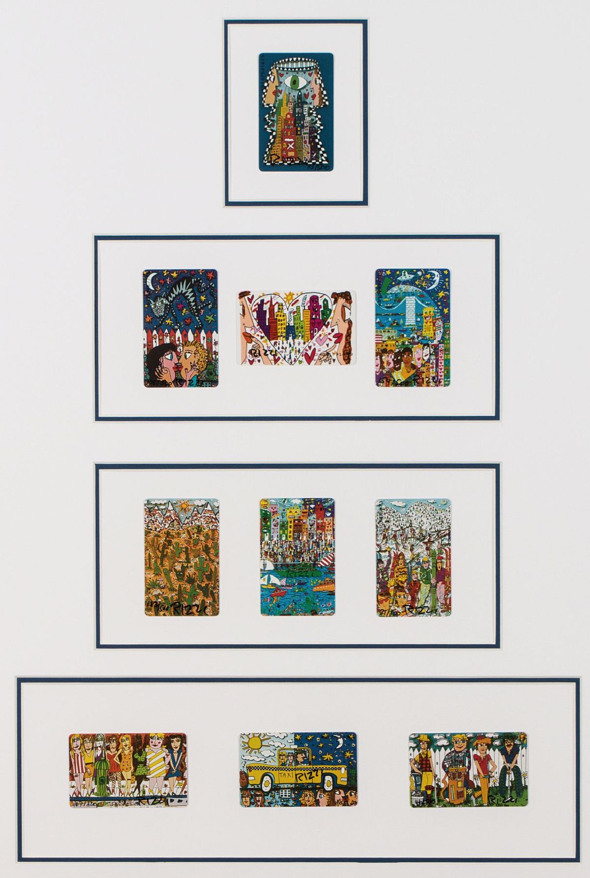 James Rizzi, 1950-2011, 10 Telefonkarten, je handsign., 7 davon num., Auflage 500, je 8,5x5,5 cm, im Arrangement unter Glas gerahmt, gesamt 87,5x67,5 ...