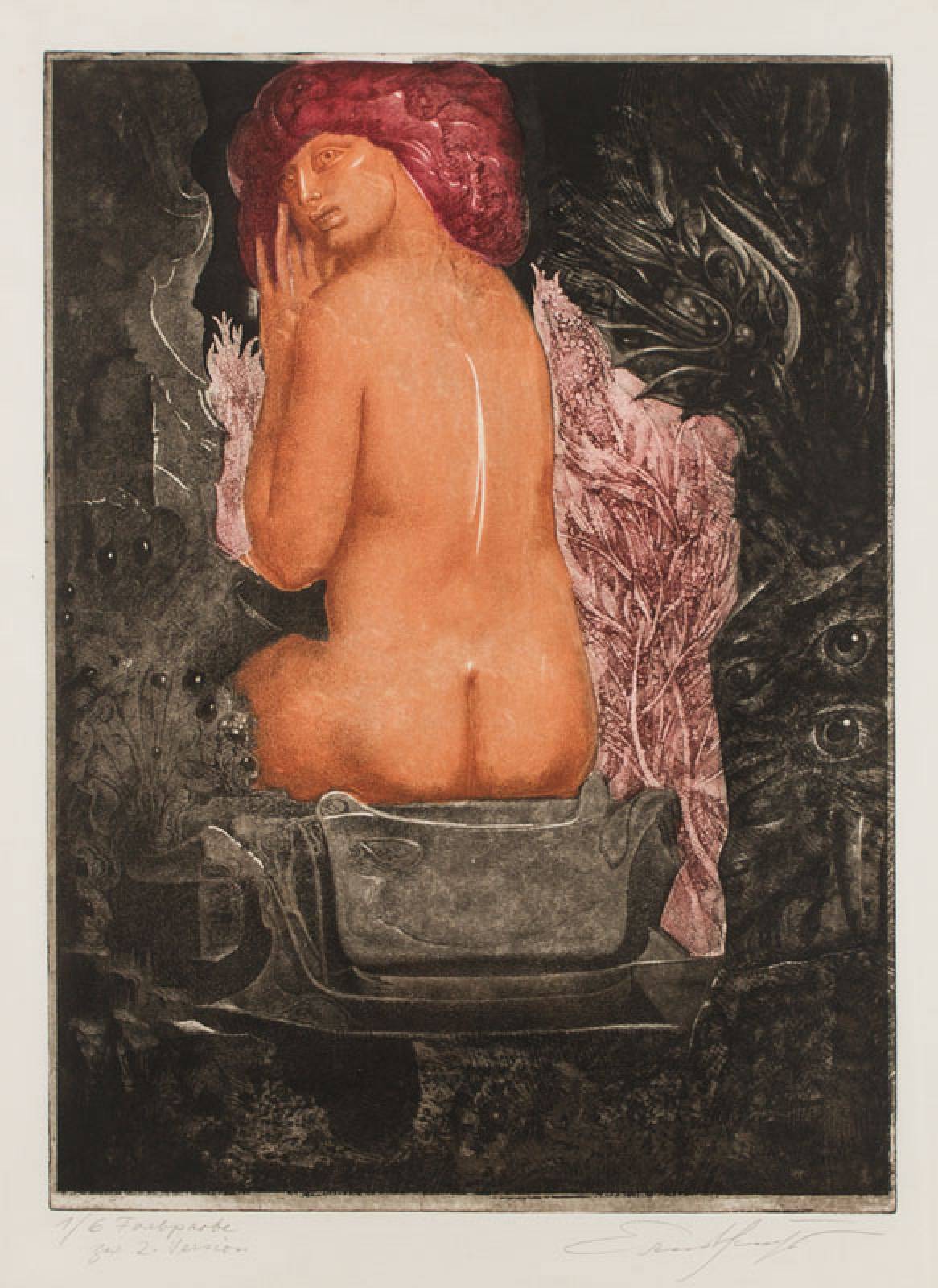 Ernst Fuchs, 1930-2015, Sagesituation, 1974, Farbradierung, handsign., bezeichnet 1/6 Farbprobe zu 2. Version, Platte 65,5x48 cm, unter Glas gerahmt, ...