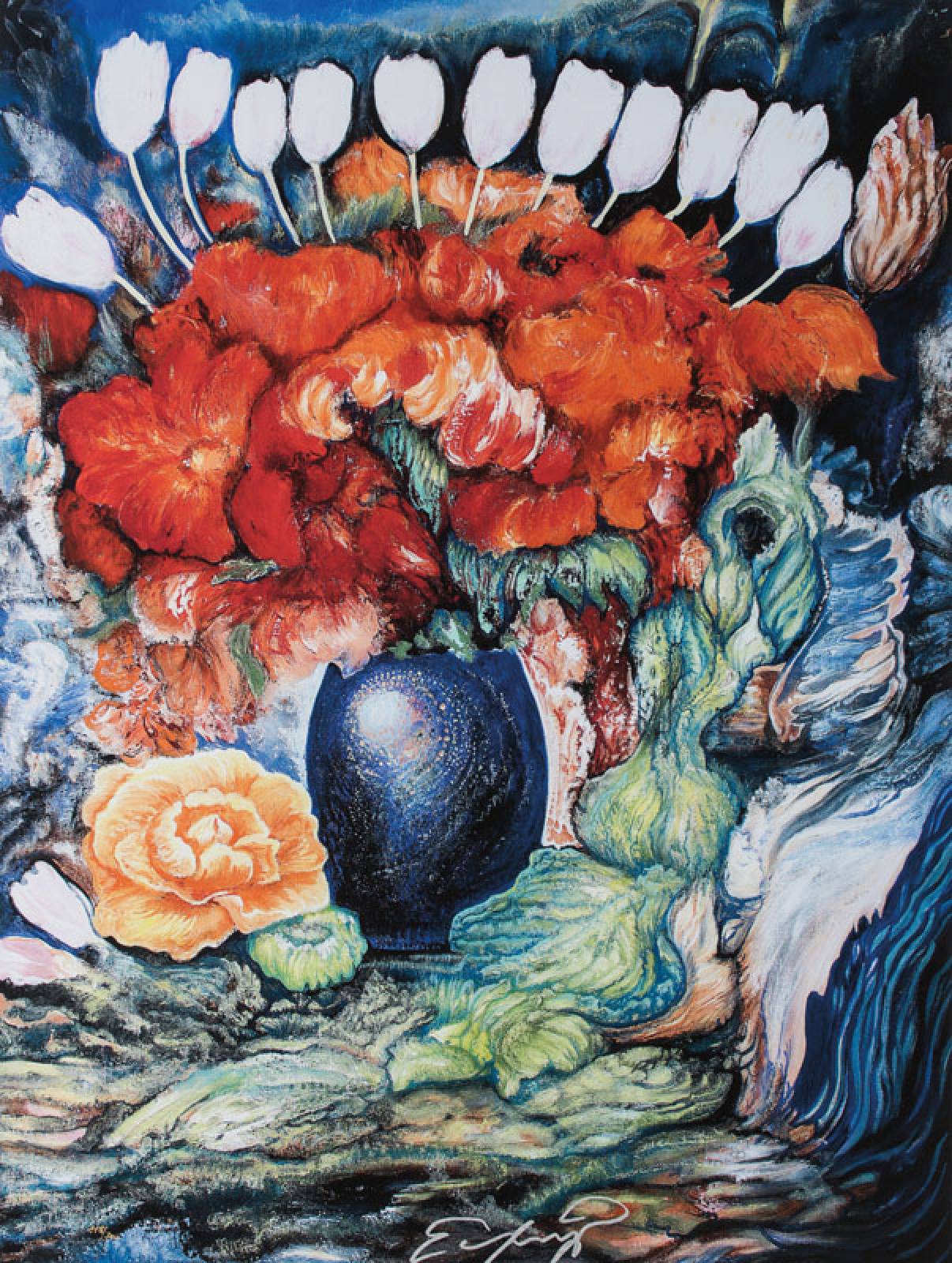 Ernst Fuchs, 1930-2015, Bouquet mit weißen Tulpen, Giclee/Lwd, handsign., num. 118/300, Blattgr. 79,5x60,5 cm