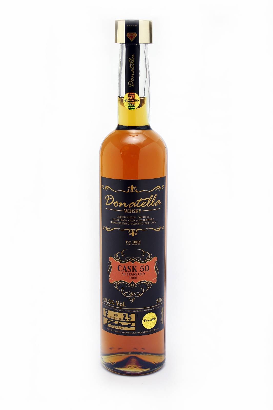 1 Flasche Donatella Scotch Whisky 50 Years Old Limited Edition, Flaschennummer 7 von nur 25 abgefüllten Flaschen., ca. 50 cl, 49,5 % Vol., 50 Jahre ...
