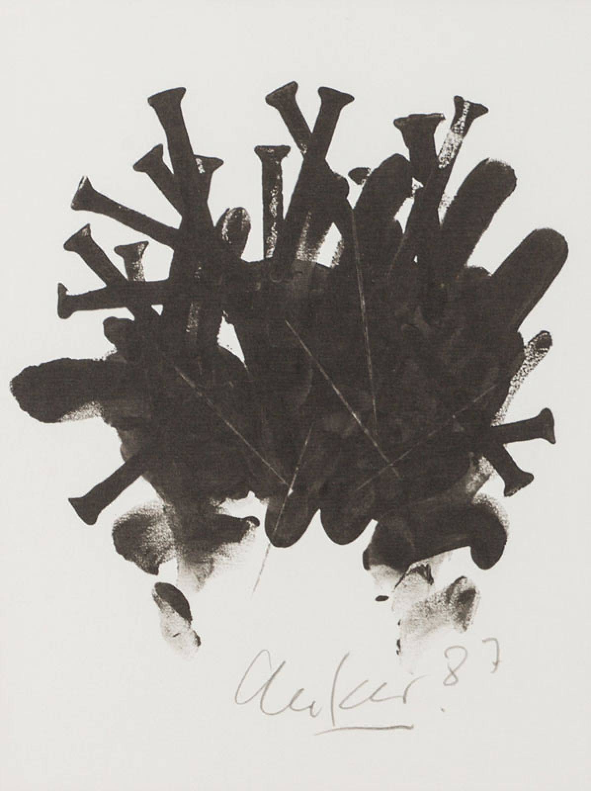Günther Uecker, geb. 1930, Offset von 1987, handsign., Blattgr. 30x21 cm, unter Glas gerahmt, gesamt 45,5x38 cm