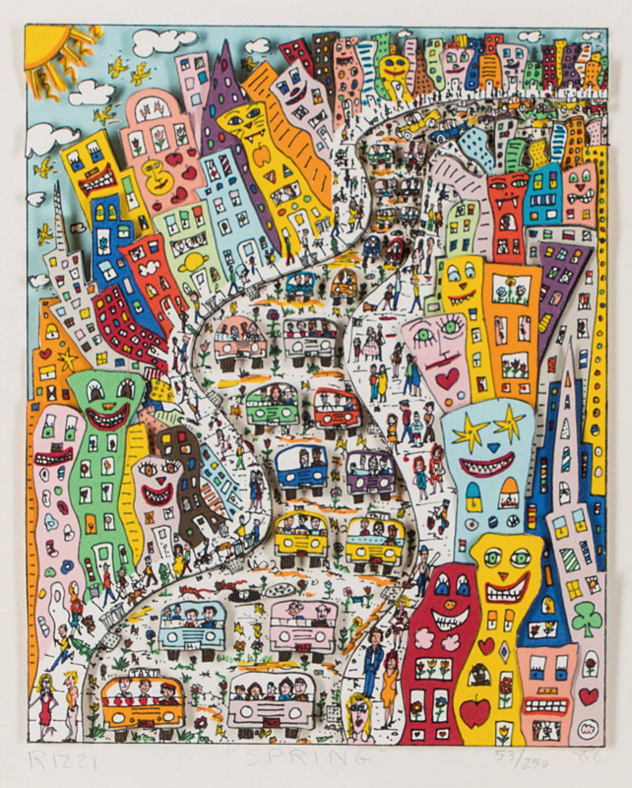 James Rizzi, 1950-2011, Spring, 3D- Konstruktion, handsign., dat. 88, betitelt, num. 53/250, Motiv 25x20,5 cm, unter Glas gerahmt 58,5x51,5 cm, inkl. ...