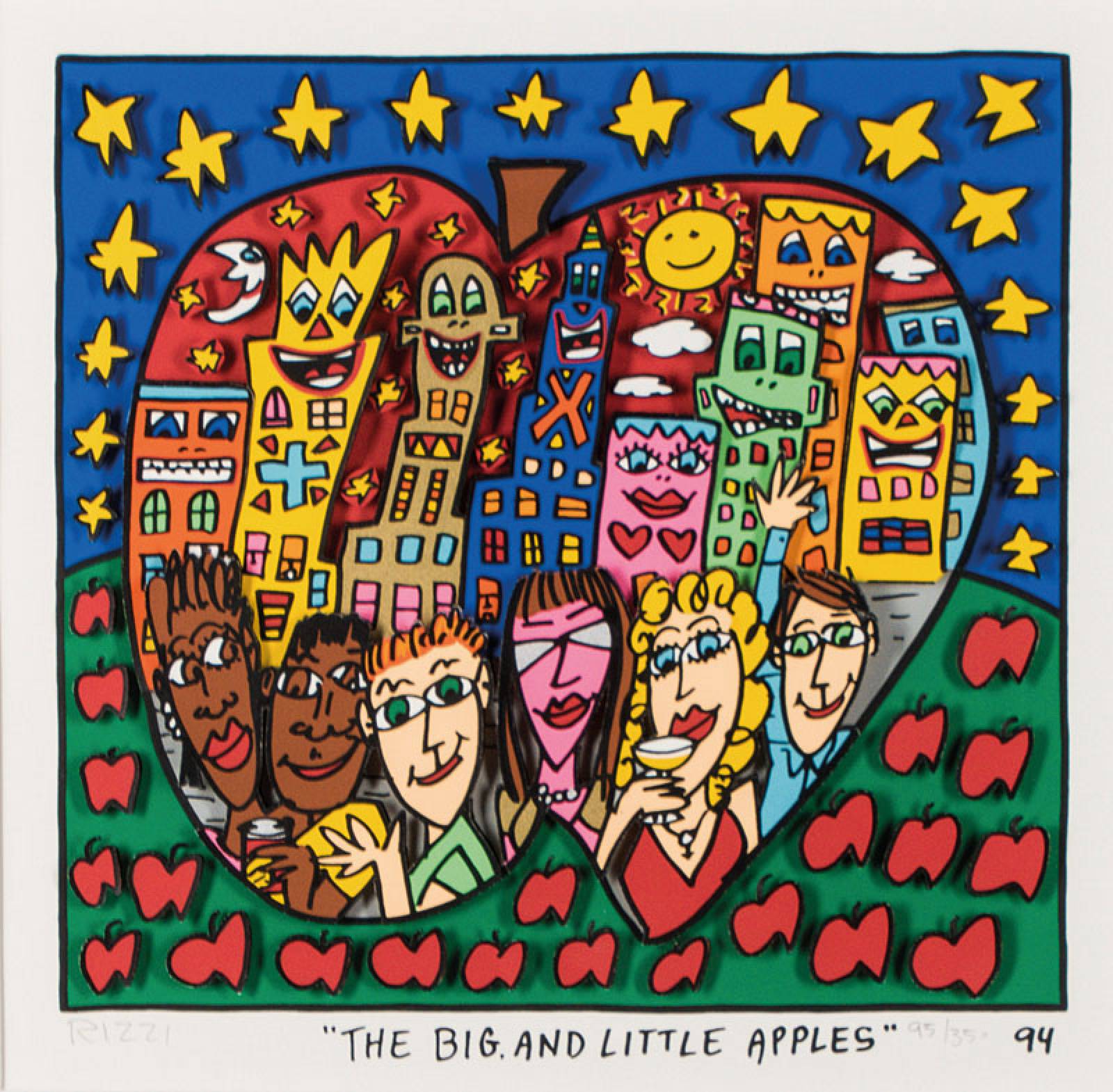 James Rizzi, 1950-2011, The Big and Little Apple, 3D-Konstruktion, handsign., dat. 94, betitelt, num. 95/350, Motiv 25x26,5 cm, unter Glas gerahmt ...