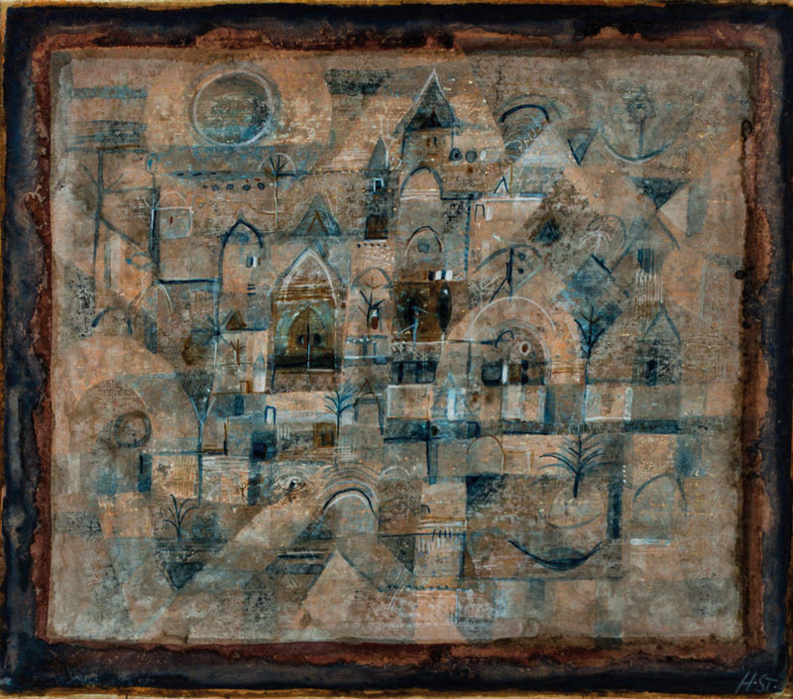 Hans Rudolf Strupler, 1935-2015, Im Serail, Tempera/ Karton, re unten monogram. HST, Blattgr. 33x38 cm, unter Glas gerahmt, gesamt 42x47 cm