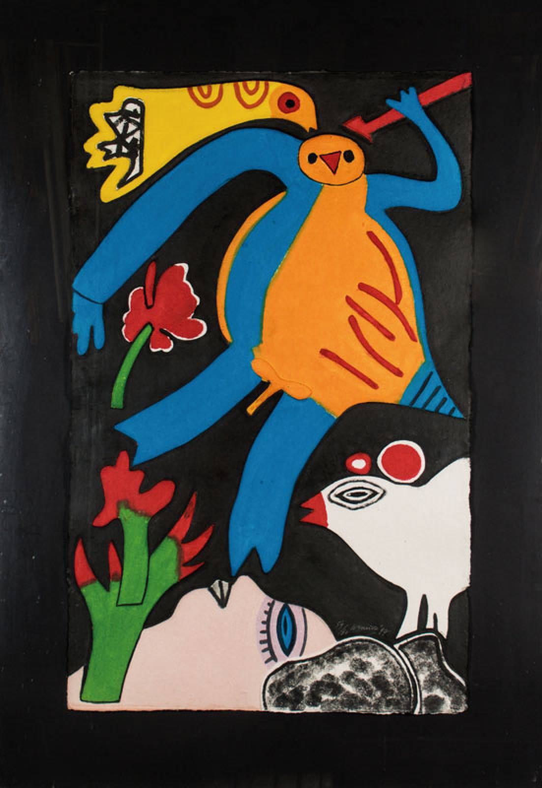 Corneille (Cornelis van Beverloo), 1922 Lüttich-2010 Auvers-sur-Oise, Komposition mit Frauenkopf, Vögel, Fantasiewesen und Blumen, handkolorierter ...