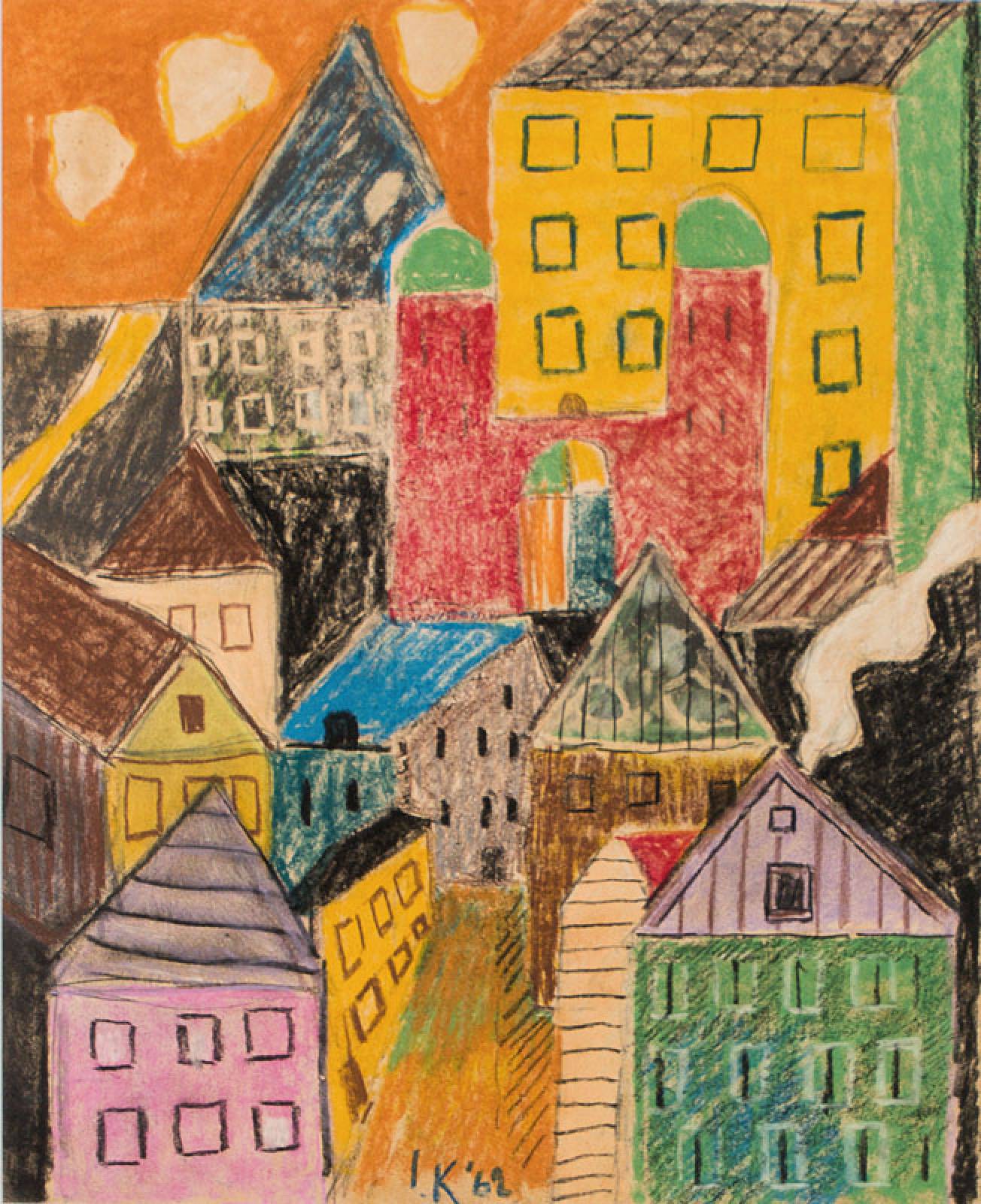 Ida Kerkovius, 1879 Riga-1970 Stuttgart, Zwei rote Türme, Ölkreide und Wachskreide auf Papier, mittig unten monogr. und dat. IK 62, verso betitelt, ...