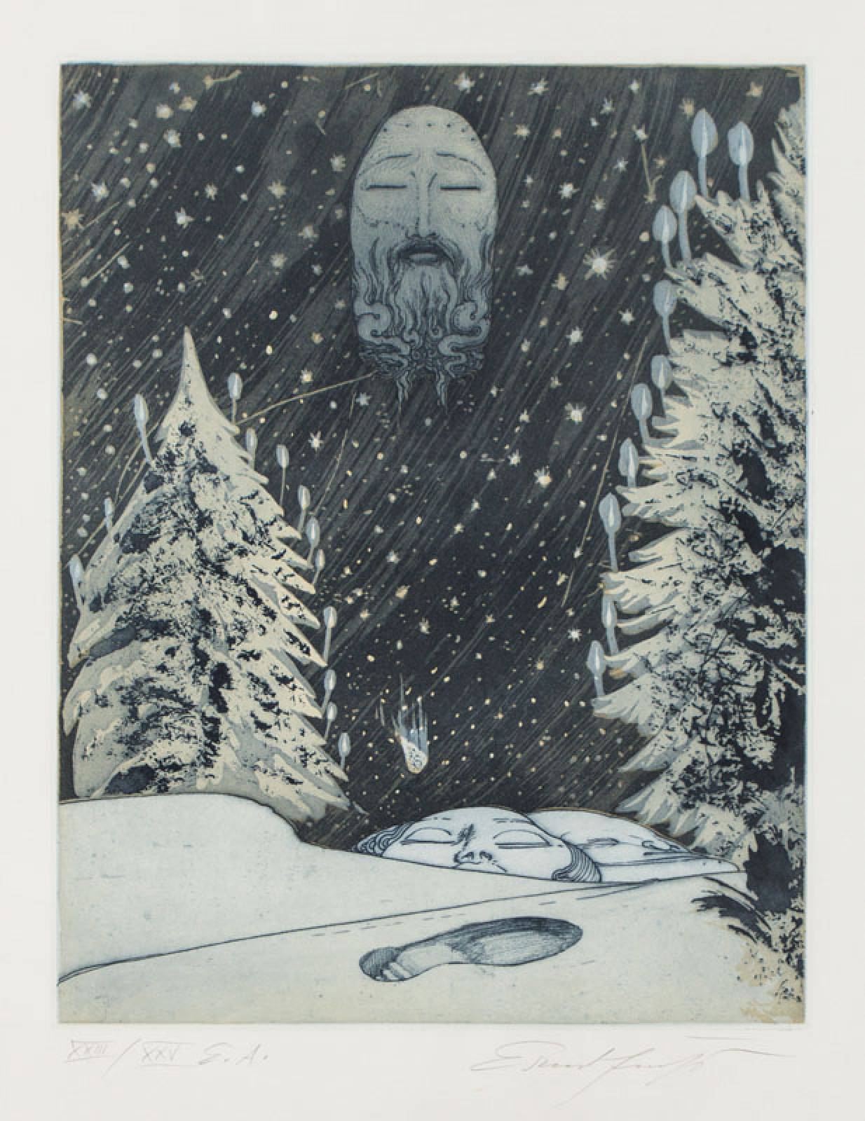 Ernst Fuchs, 1930-2015, Winternacht, Radierung, handsign., num. XXIII/XXV E.A., Platte 46x36cm, unter Glas gerahmt, gesamt 84,5x67,5 cm