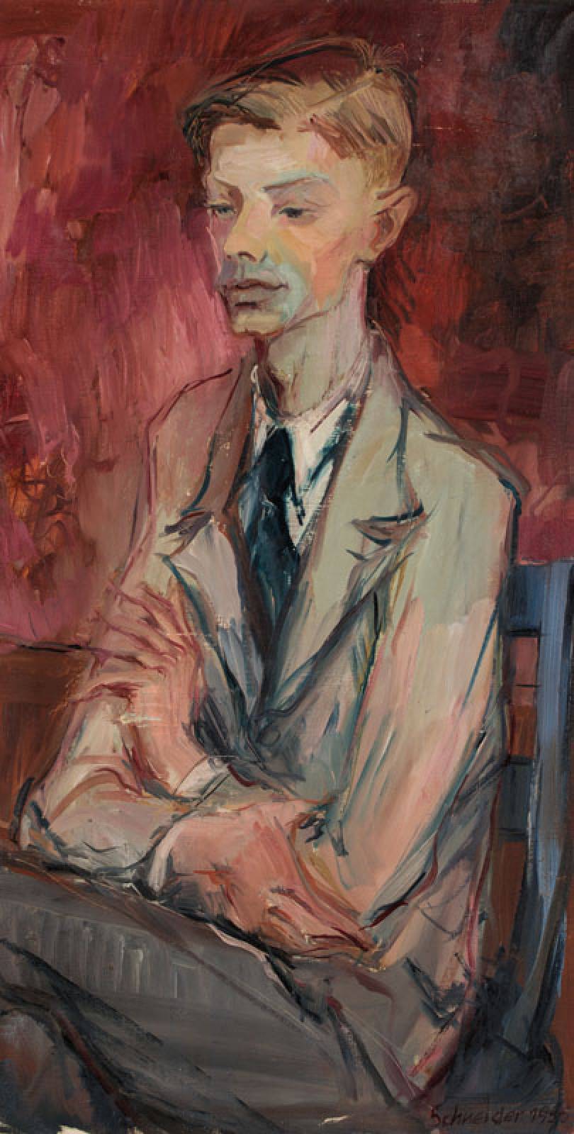 Schneider, datiert 1955, expressives Porträt eines Mannes, Öl/Lwd, mit Druckstelle und kleineren Farbabreibungen, rechts unten signiert und ...