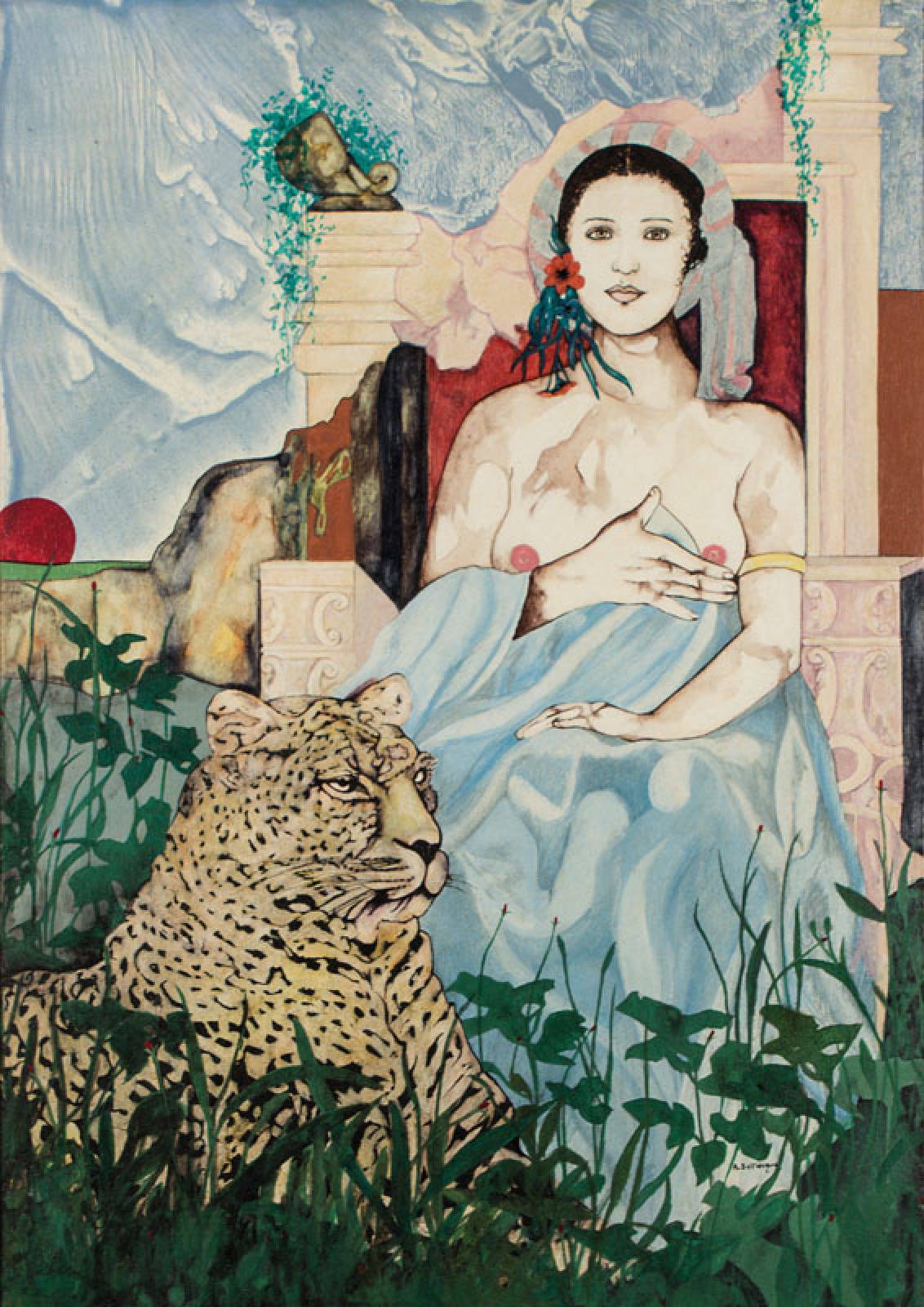 A. Dall`Dagod, zeitgen. italienischer Maler,Frau mit Leopard, Mischtechnik auf Lwd, re unten sign., ca. 70x50cm, Rahmen, gesamt 92x72 cm