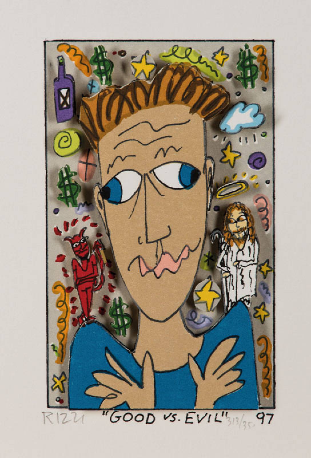 James Rizzi, 1950-2011, Good vs. Evil, 3D- Lithografie, handsign., dat. 97, num. 312/350, Motiv 10,5x6,5 cm, Blattgr. 17x12,5 cm